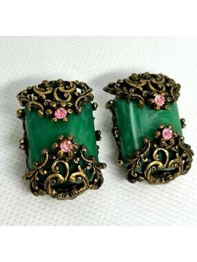 Vintage Green Cabochon Clip Earrings Gold Filigree Pink Rhinestone